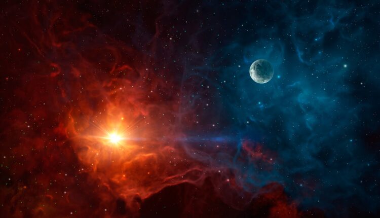 Space background. Colorful nebula with planet